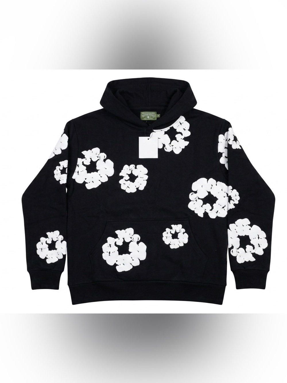 DENIM TEARS Black Fleece Hoodie with White Graphic Print and Kangaroo Pocket